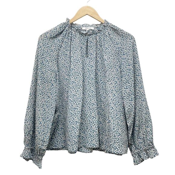 Madewell 100% Silk Poet Top Dusty Slate Blue & Cream Bitsy Floral Size Medium - Picture 4 of 15
